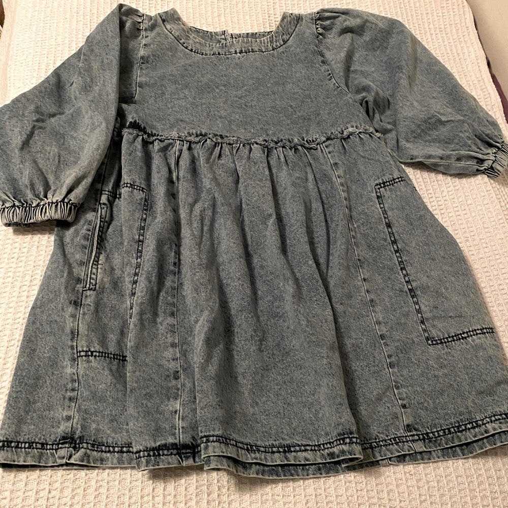 3/4 puff sleeved babydoll empire waist denim shirt/super mini dress by Heyson